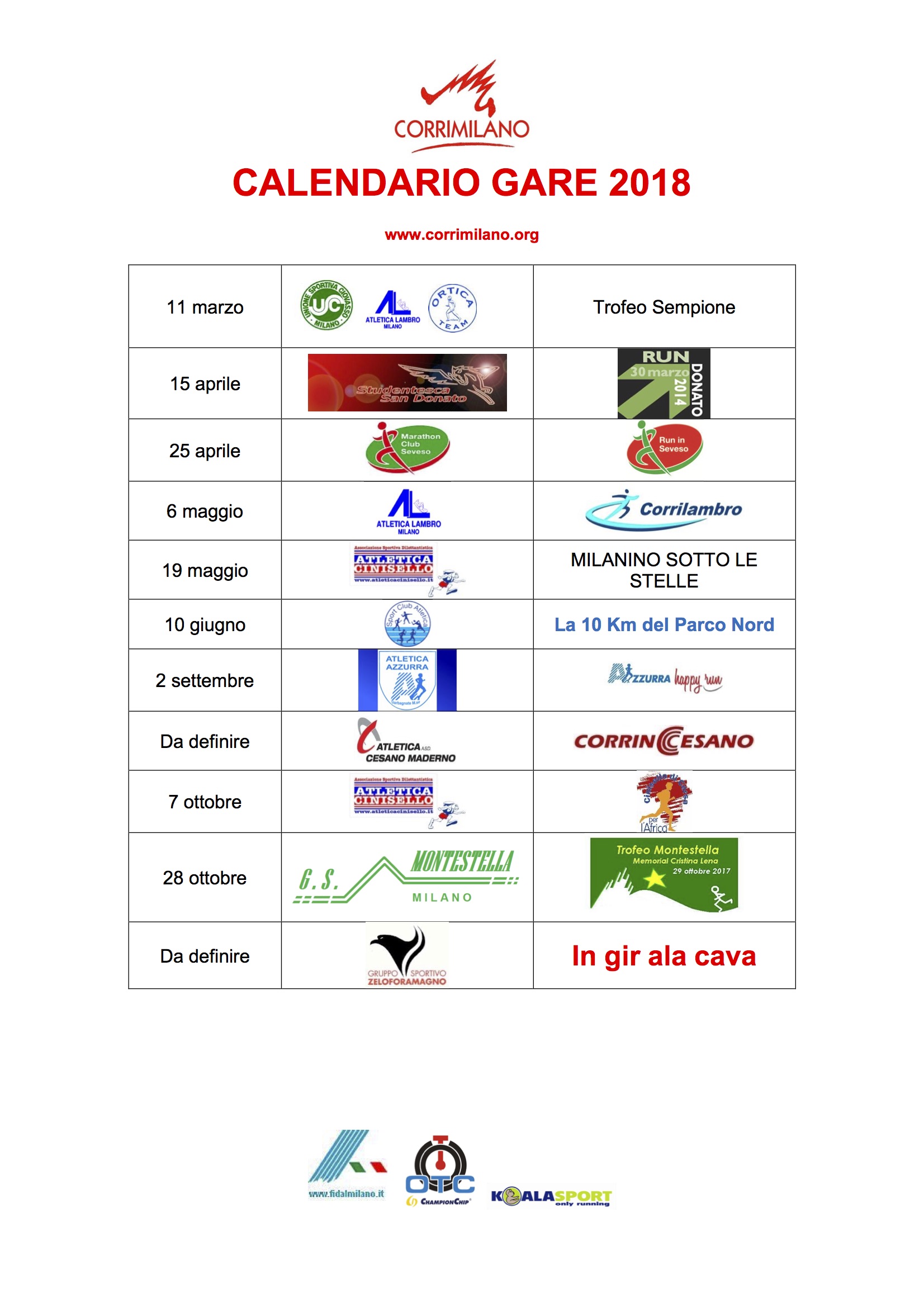 2018 BOZZA CALENDARIO Corrimilano